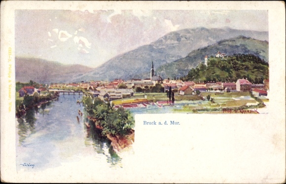 Artist Postcard Kopallik, F., Bruck an der Mur Styria, river section with a view of the town