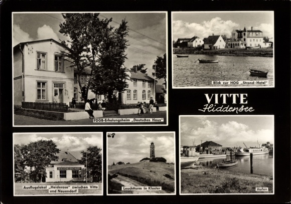 Postcard Vitte Island Hiddensee, lighthouse, harbor, FDGB convalescent home German house, monastery, heather rose