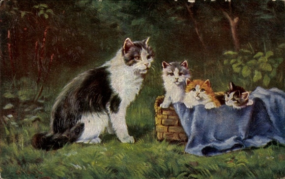 Artist Postcard Kögl, Mother Cat with Kitten
