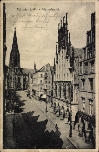 Ak Münster in Westfalen, Blick auf den Prinzipalmarkt,  Gebäude, Kirchturm, Straßenszene