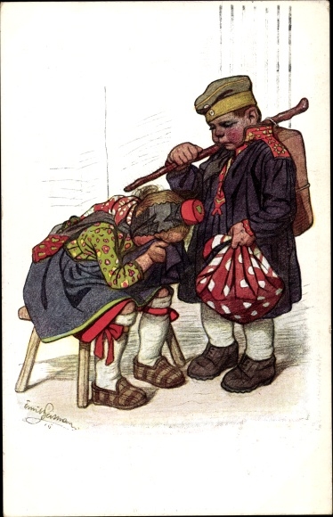 Artist PC Beithan, Emil, soldier says goodbye to woman in Hessian costume