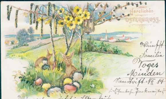 Glitter Chromo-Litho Congratulations Easter, Easter bunnies, Easter eggs, meadow