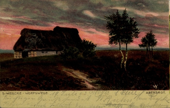 Artist Postcard Wencke, S., Worpswede in Lower Saxony, sunset, thatched roof house