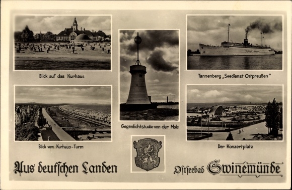 Postcard Świnoujście Swinemünde Pomerania, Kurhaus, concert place, Tannenberg sea service East Prussia, tower