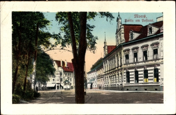 PC Moers, lot at the post office, tram, tracks, house facade