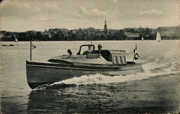 Postcard Fast transport motorboat with cabin and covered engine room, Hanomag Lloyd