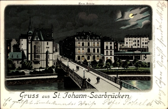 Moonlight Chromo-Litho St. Johann Saarbrücken in Saarland, New Bridge at night