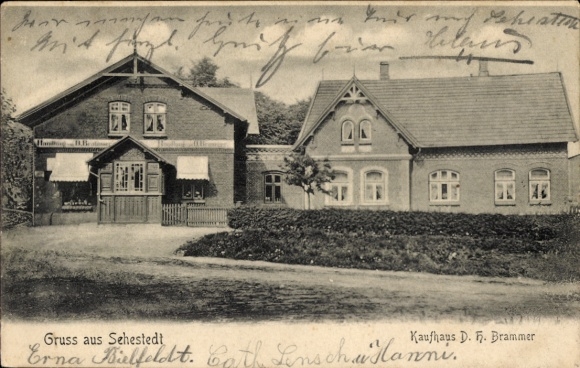 Ak Sehestedt aan het Kielerkanaal, historisch warenhuis, groeten van DF Brammer, Erna Bielfeld