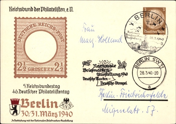 Postwaardebriefkaart Reichsvereniging van Filatelisten, 5e Reichsbundestag, 46e Duitse Filatelistendag Berlijn 1940