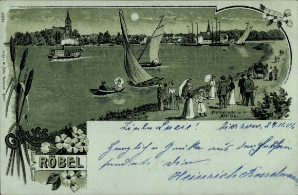 Moonlight litho Röbel on the Müritz, promenade, sailing boats