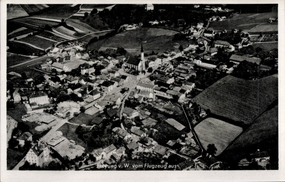 Postcard Freyung in the Bavarian Forest, bird's eye view of the townscape, agricultural areas