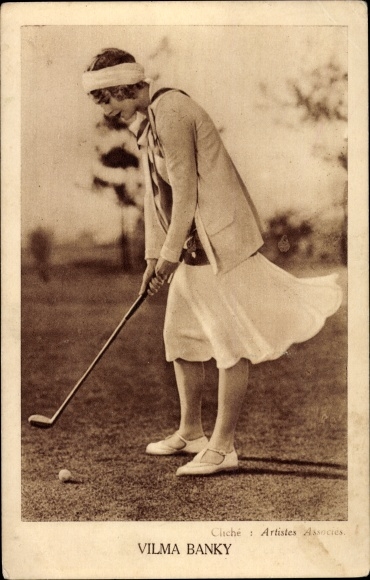 Ak Schauspielerin Vilma Banky spielt Golf, Portrait