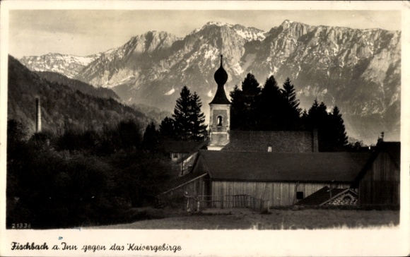 Postcard Fischbach Flintsbach am Inn Upper Bavaria, church, Kaiser Mountains