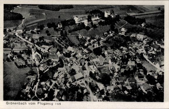 Postcard Bad Grönenbach in Allgäu, aerial view of river, meadows, buildings, church