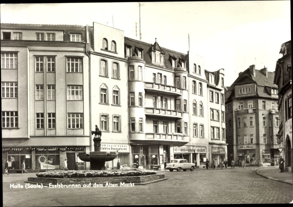 Postcard Halle an der Saale, donkey fountain on the old market