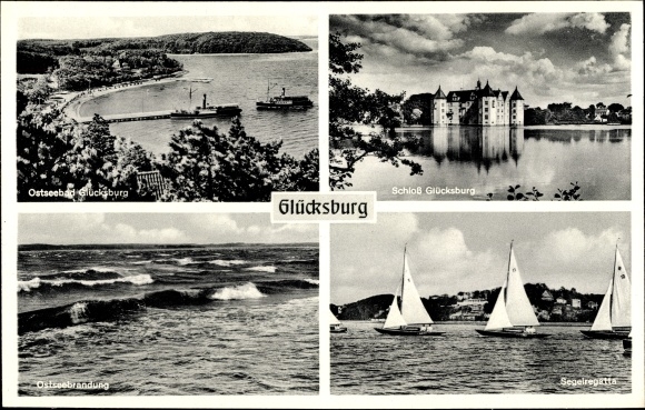 Postcard Glücksburg on the Baltic Sea, castle, sailing regatta, surf