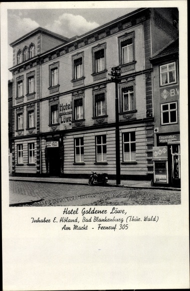 Postcard Bad Blankenburg in Thuringia, Hotel Goldener Löwe, owner E. Höland, on the market