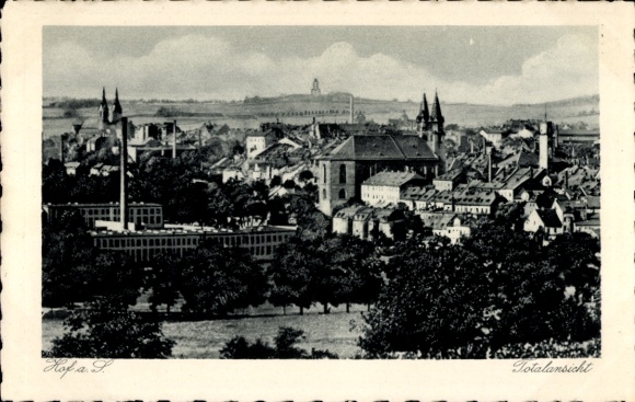 Ak Hof an der Saale Opper-Franken Beieren, Theresienstein, stadsgezicht Hof met fabriek, kerk...