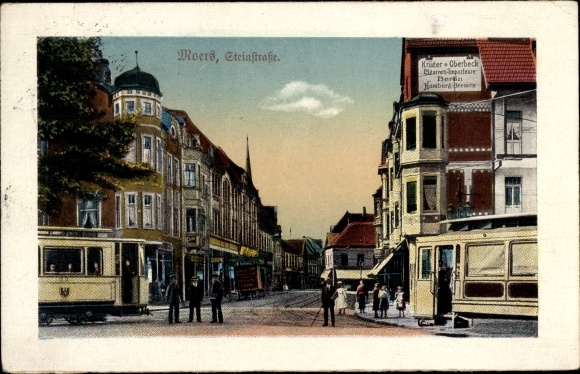 Postcard Moers am Niederrhein, Steinstraße, shop Krüger and Oberbeck Imports, streetcar