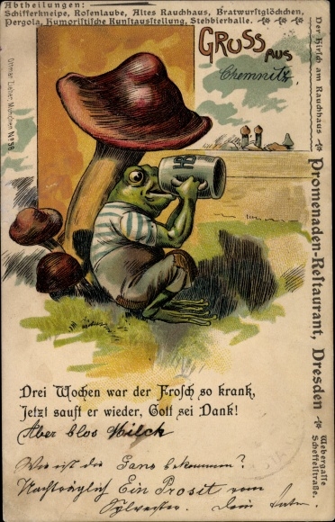 Chromo-Litho Dresden, Promenaden Restaurant, Webergasse, Scheffelstrasse, frog drinks beer, mushrooms