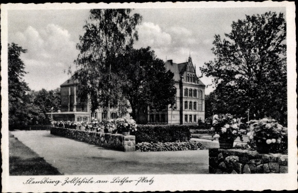 Postcard Flensburg in Schleswig Holstein, customs school at Lutherplatz