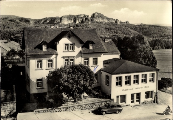 Ansichtkaart Lichtenhain Altendorf Sebnitz Saksisch Zwitserland, Gasthof Vrolijk uitzicht met de Schrammsteinen