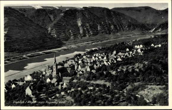 Postcard Dieblich on the Moselle, aerial view of the Moselle, houses, church, river