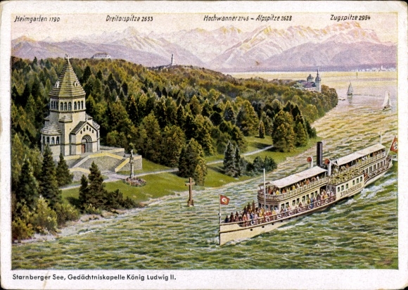 Chromo-Litho Starnberger See Upper Bavaria, Memorial Chapel of King Ludwig II, steamer