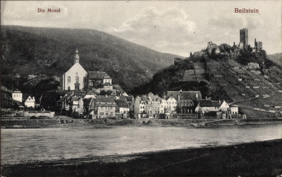 Postcard Beilstein, view over the Moselle to the town and castle