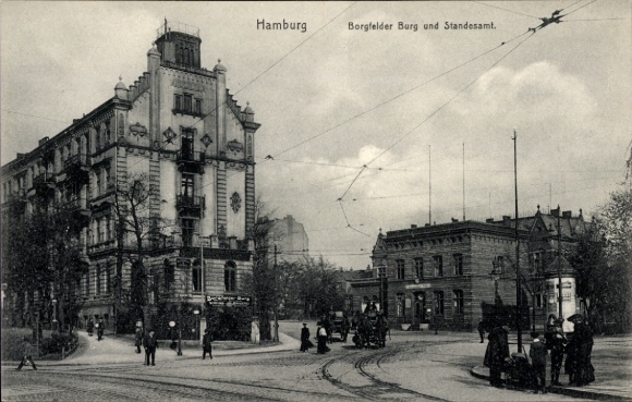 Ansichtkaart Hamburg Mitte Borgfelde, kasteel Borgfeld en registratiekantoor, reclamezuil