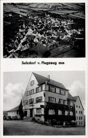 Postcard Sulzdorf Schwäbisch Hall in Württemberg, aerial photograph, inn and butcher shop z. Rössle