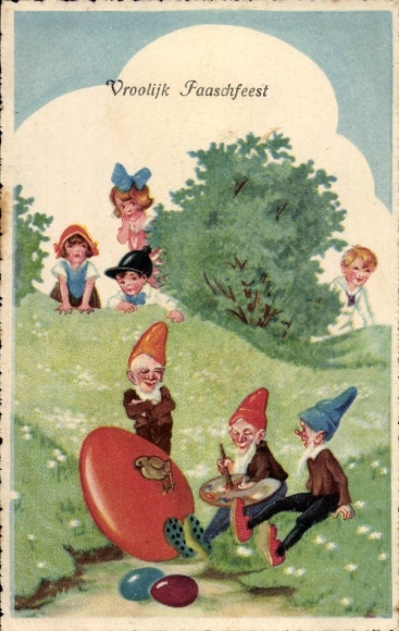 Ak Frohe Ostern, Zwerge bemalen Osterei, Kinder