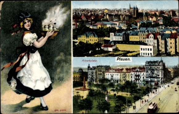 Postcard Plauen in Vogtland, woman with tray, city view, Albertplatz
