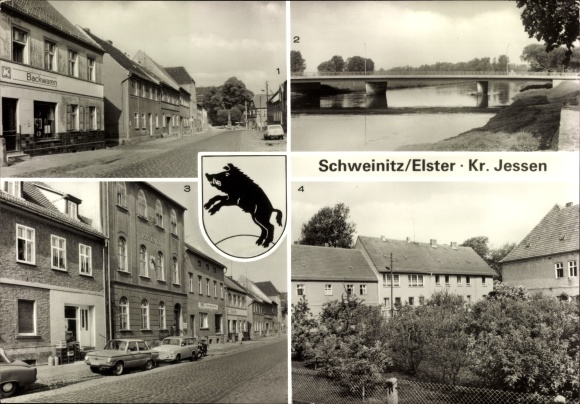 Ak Schweinitz Jessen, markt, Elsterbrücke, thuis na het werk, Friendship of Nations, wapenschild, gemeentehuis