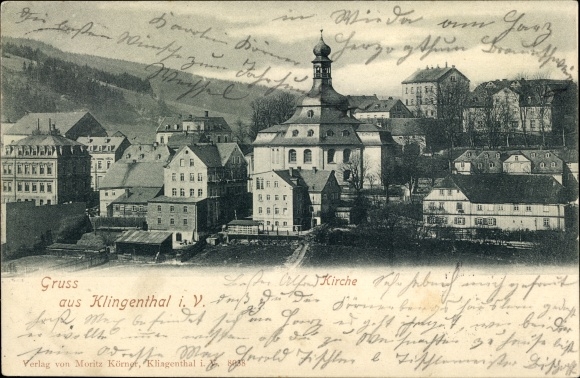 Ak Klingenthal im Vogtland Sachsen, uitzicht op de stad met kerk
