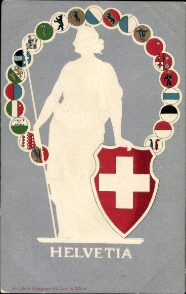 Embossed coat of arms PC Helvetia, Switzerland, national allegory, canton coat of arms