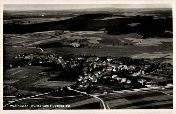 Postcard Westhausen in Württemberg, aerial photograph, rural area, houses