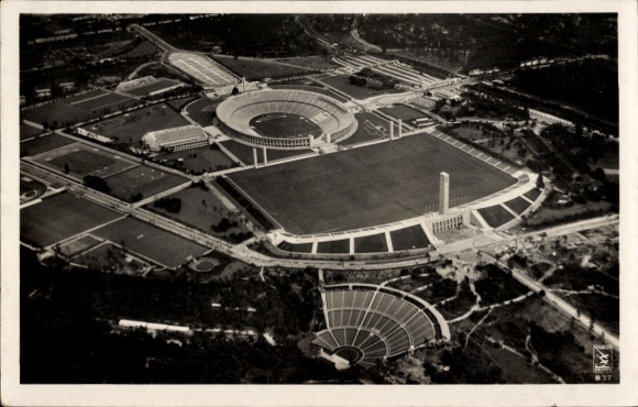 Postcard Berlin Charlottenburg Westend, aerial photograph, Reichssportfeld, stadium, Dietrich Eckardt stage