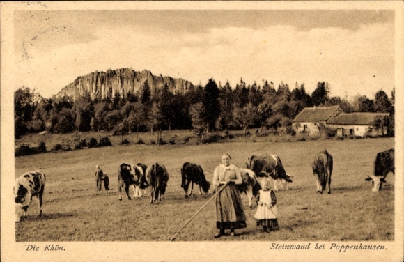 KP Poppenhausen na Wasserkuppe Rhön, kamienny mur, stado krów, żona rolnika, dziecko