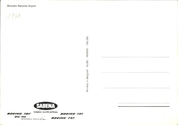 Postcard Brussels, Airport, Sabena, passenger aircraft, Boeing 707, 737, 747, DC 10