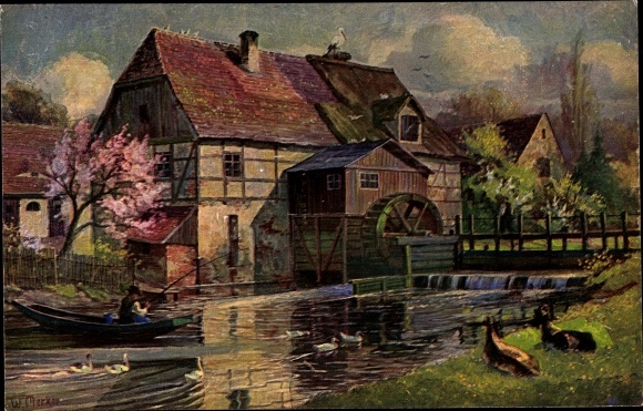 Artist PC Merker, W., landscape with water mill, angler in the boat
