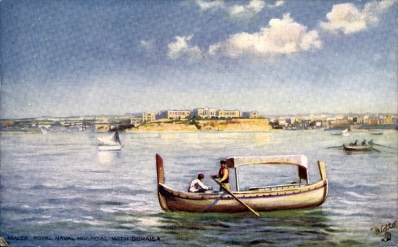 Artist Postcard Malta, Royal Naval Hospital with Dghaisa