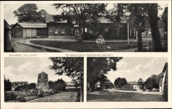 Ak Brekendorf in Sleeswijk-Holstein, restaurant Zur Eiche, monument, lokaal gedeelte