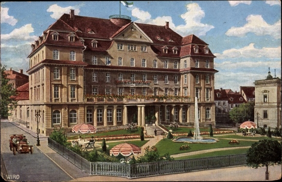 Ak Gotha in Thüringen, kasteelhotel, fontein, parasols
