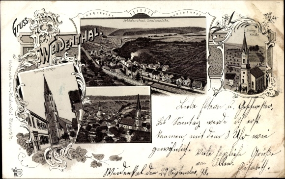 Litho Weidenthal in der Pfalz, Kirche, Blick auf den Ort