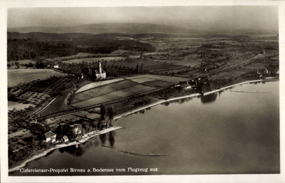 Postcard Birnau Uhldingen Mühlhofen am Bodensee, aerial view of Birnau am Bodensee, Cistercian Pro
