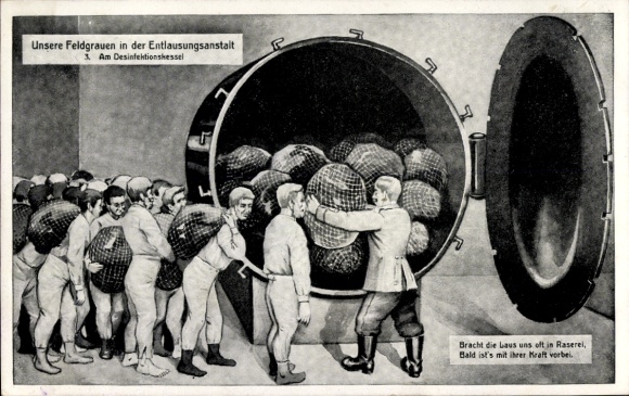 Ak Unsere Feldgrauen in der Entlausungsanstalt, Am Desinfektionskessel