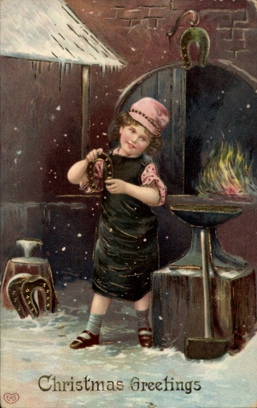 Ak gefeliciteerd Kerstmis, smid, aambeeld, hoefijzer
