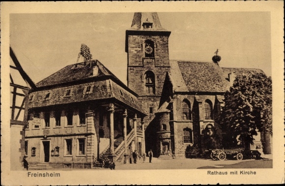 Ak Freinsheim aan de wijnroute Pfalz, gemeentehuis met kerk