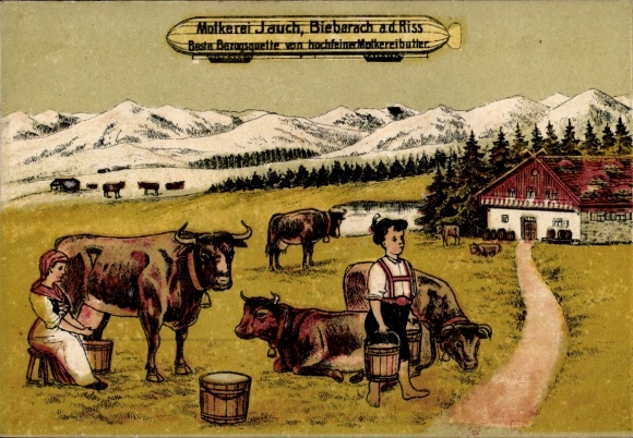 Postcard Biberach an der Riß in Upper Swabia Württemberg, Jauch dairy, milker on the mountain pasture, Zeppelin